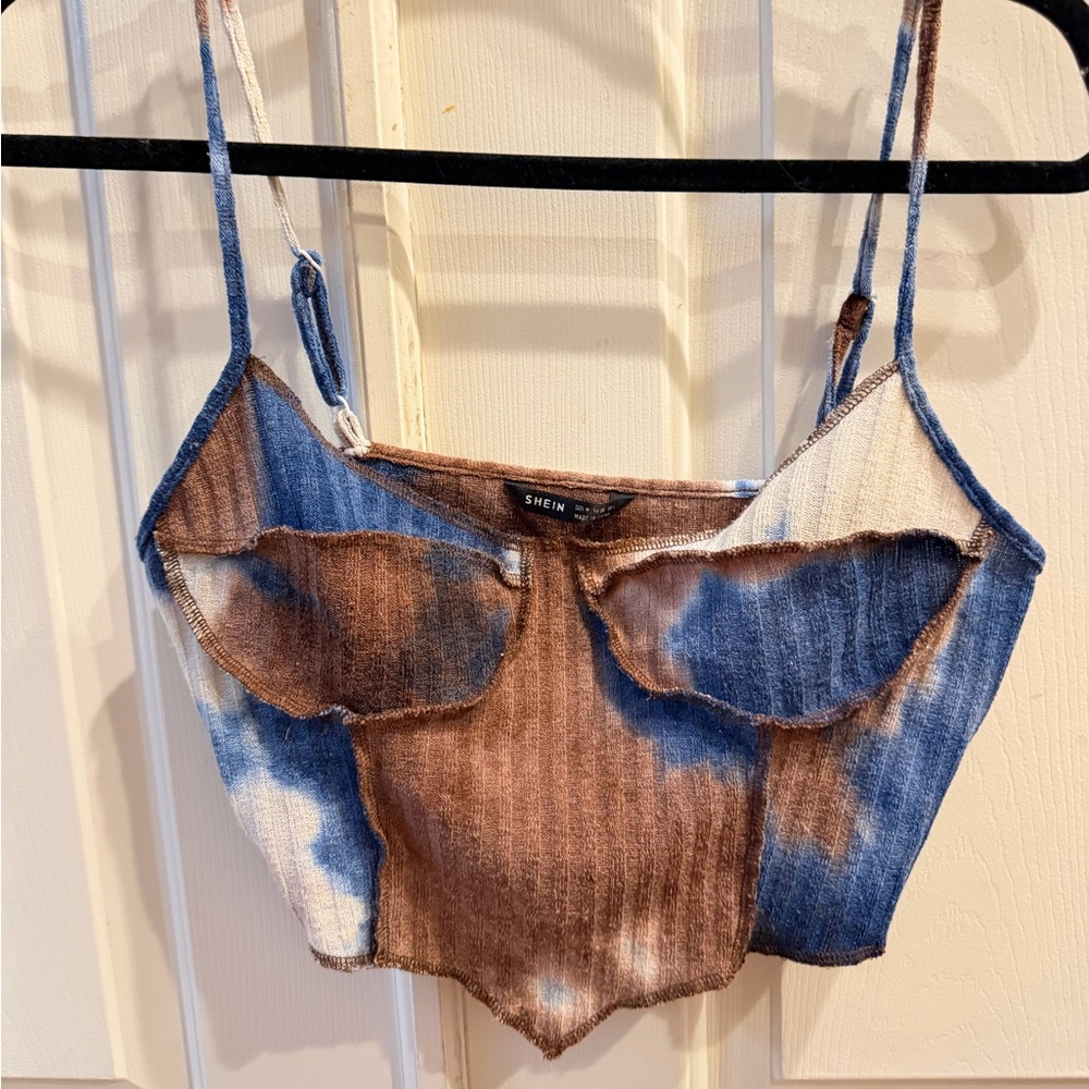 SHEIN Blue and Brown Tie-Dye Crop Top